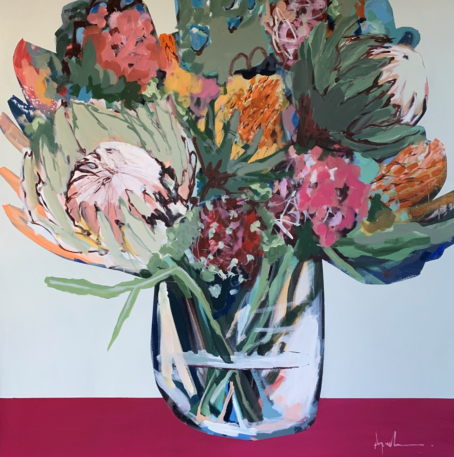 Painting of a vase filled with flowers. 
